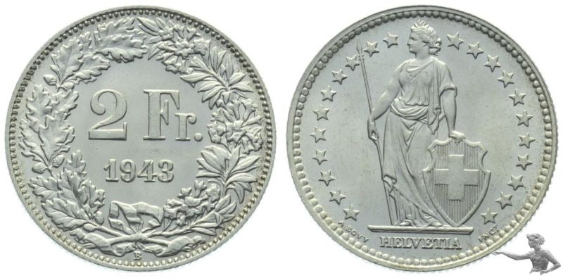 2 Franken 1943 B in wunderbarer Qualität !!!